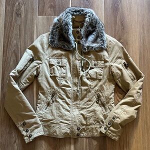 Tan Jacket with Detachable Faux Fur Collar